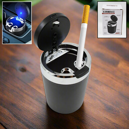 Wukusy portable car ashtray with lid and blue LED light, compact design for easy use in vehicles.