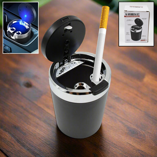 Wukusy portable car ashtray with lid and blue LED light, compact design for easy use in vehicles.