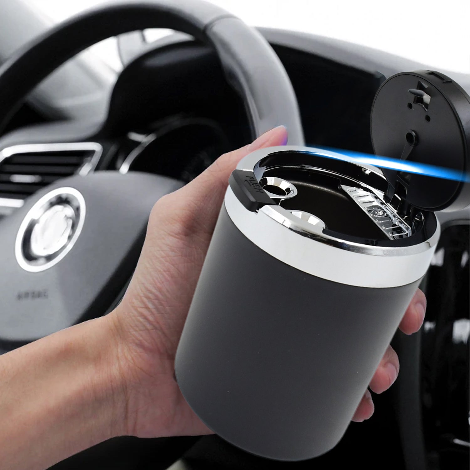 Wukusy portable car ashtray with lid and blue LED light, compact design for easy use in vehicles.