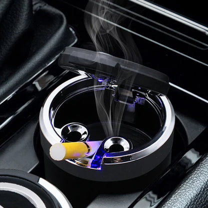 Wukusy portable car ashtray with lid and blue LED light, compact design for convenient smoking ash disposal in vehicles