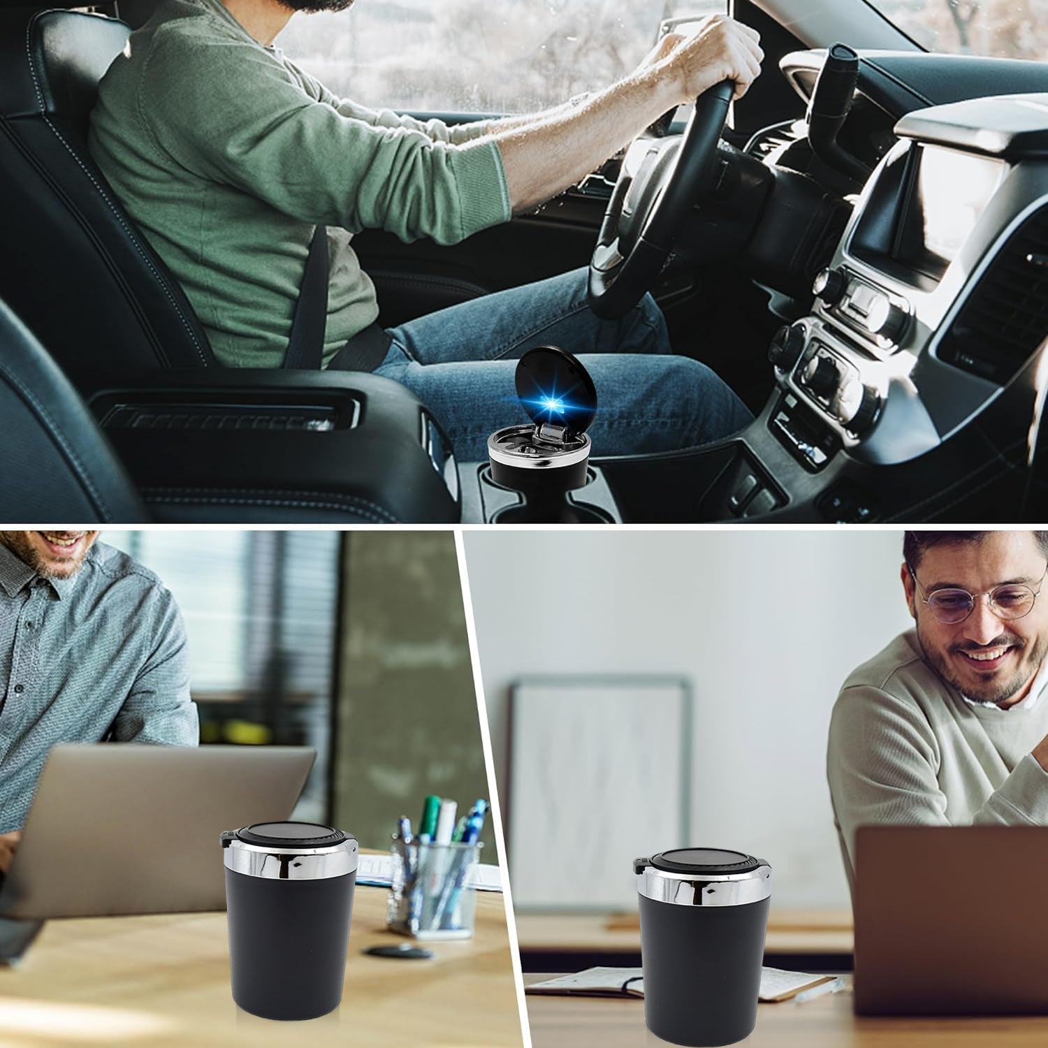 Wukusy portable car ashtray with lid and blue LED light, compact and convenient for vehicle use, in a home improvement setting.