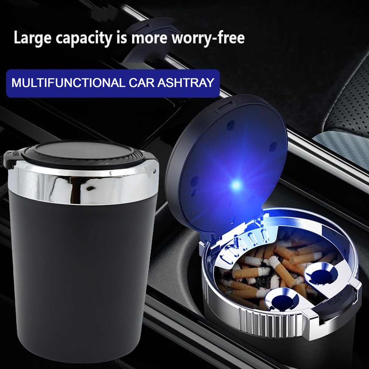 Wukusy portable car ashtray with lid and blue LED light, compact design for easy use in vehicles.