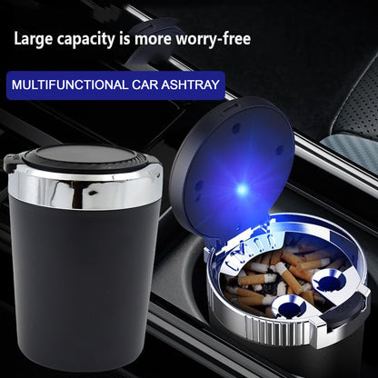 Wukusy portable car ashtray with lid and blue LED light, compact design for easy use in vehicles.