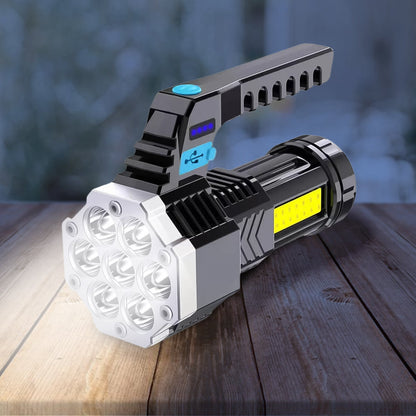Wukusy portable COB LED flashlight with 7 LEDs, hand-held torch, USB rechargeable, side light for home improvement tasks.
