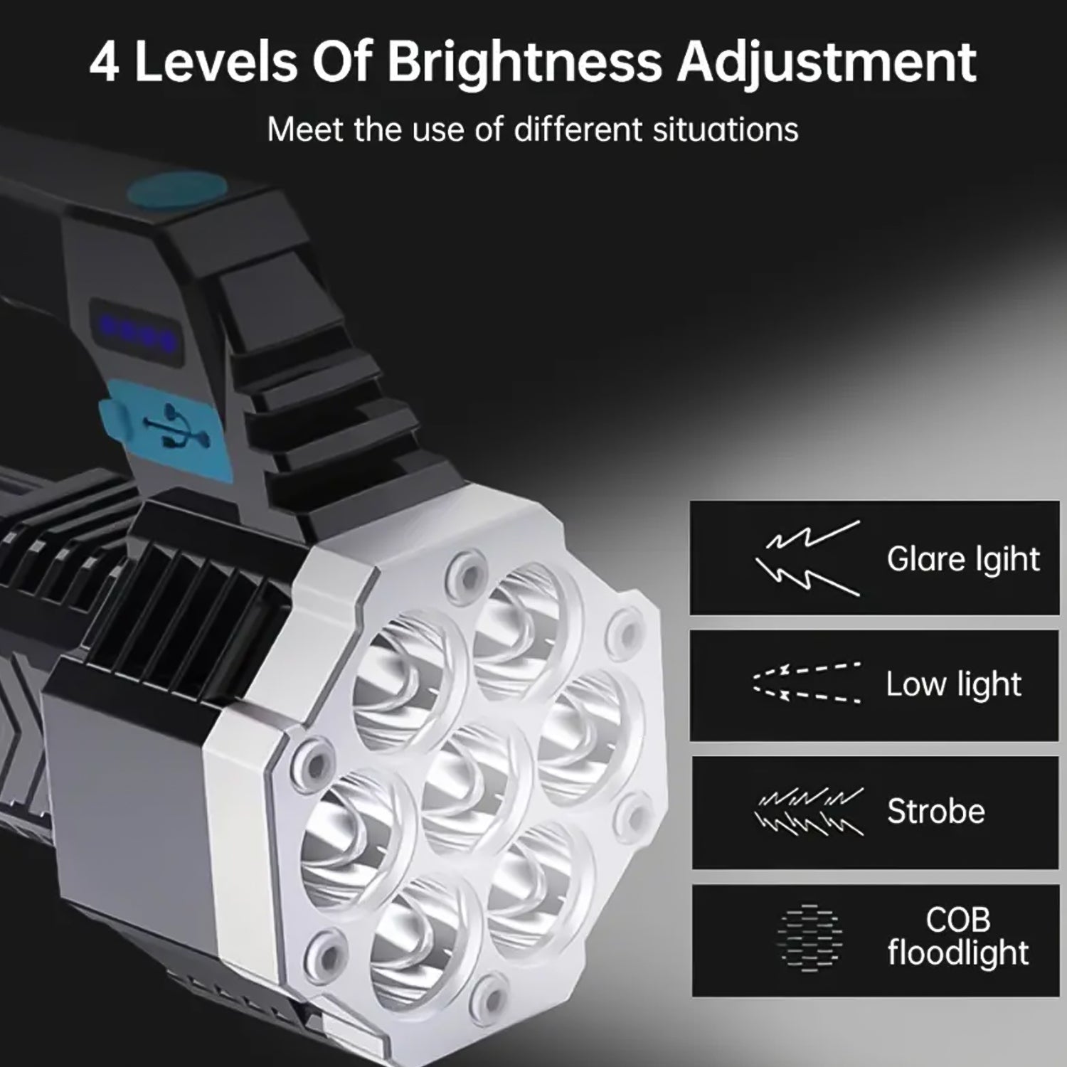 Wukusy portable COB 7-LED rechargeable flashlight with side light, compact hand-held torch for home improvement tasks.