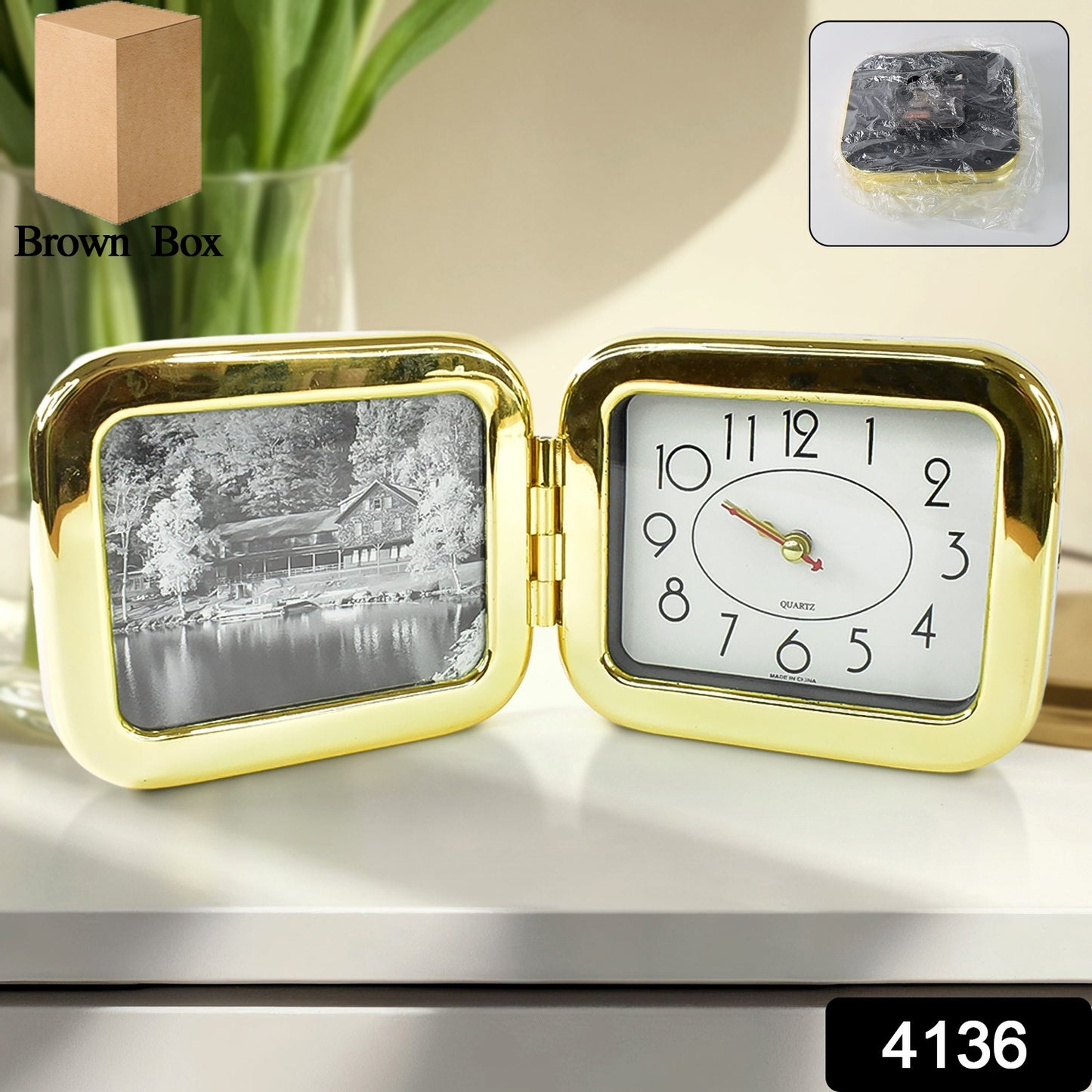 Wukusy portable foldable desk clock, space-saving and stylish design, placed on a home office desk for timekeeping.