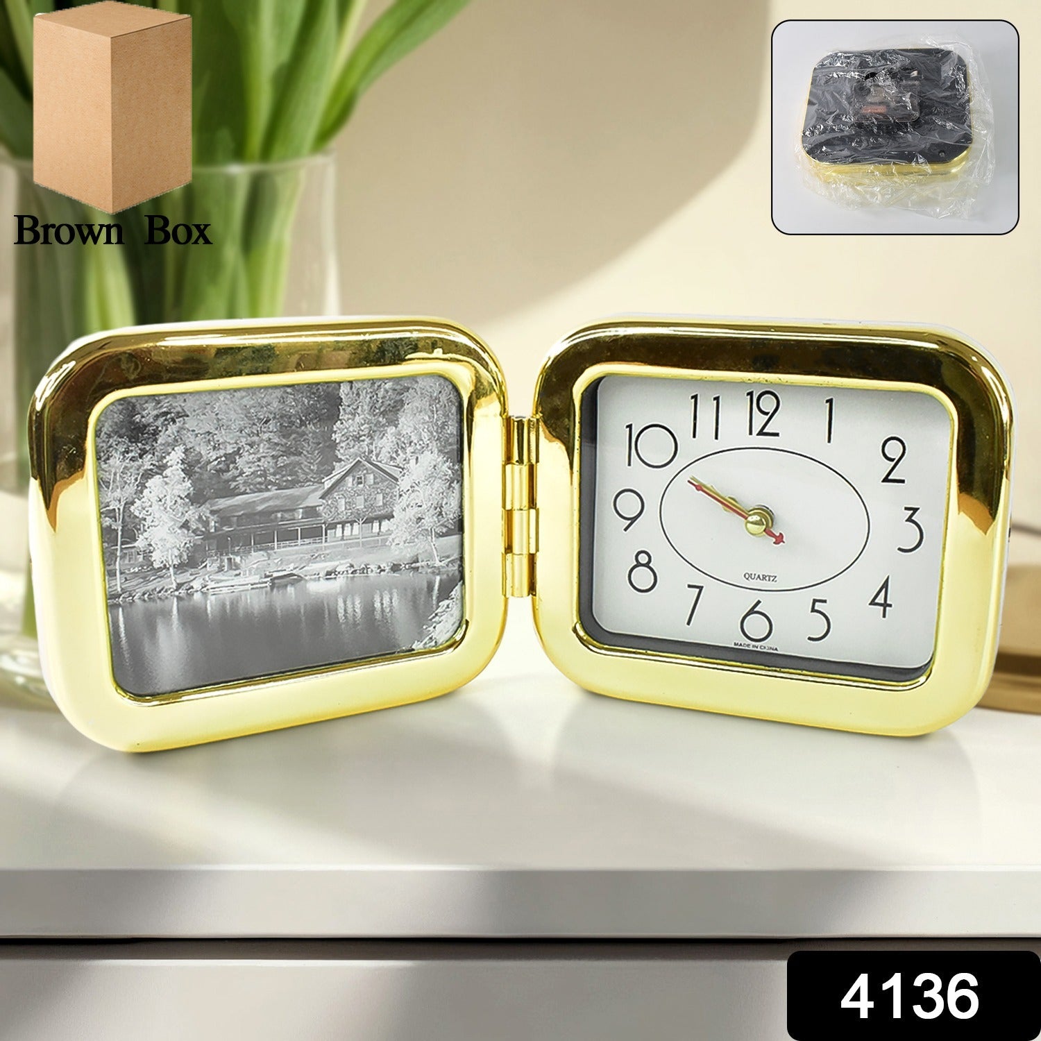 Wukusy portable foldable desk clock, space-saving and stylish design, placed on a home office desk for timekeeping.