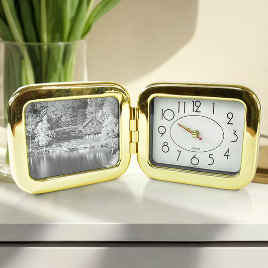 Wukusy portable foldable desk clock, stylish and space-saving, displayed on a home office desk with a modern design.