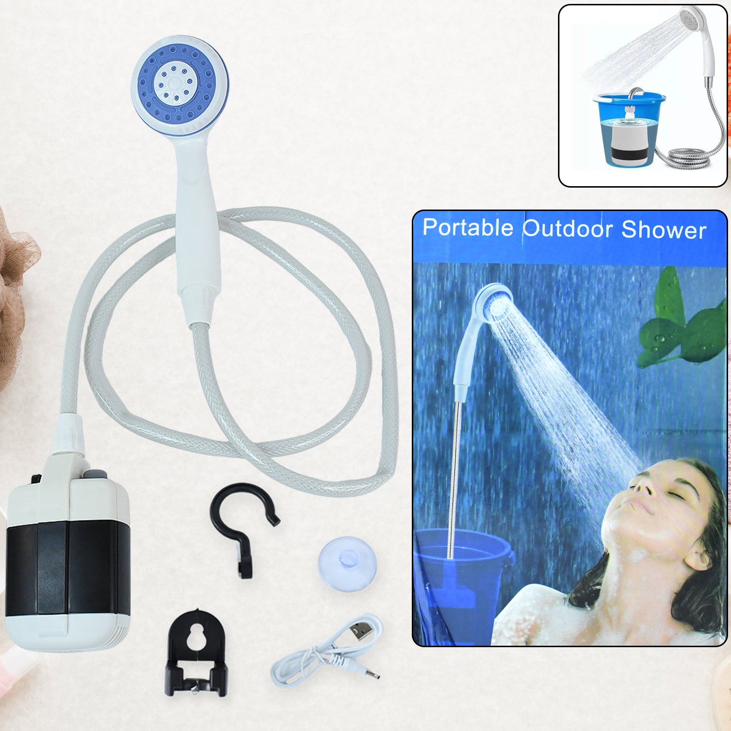 Portable outdoor shower kit by Wukusy, featuring a compact setup with shower head, hose, and accessories for easy outdoor use.