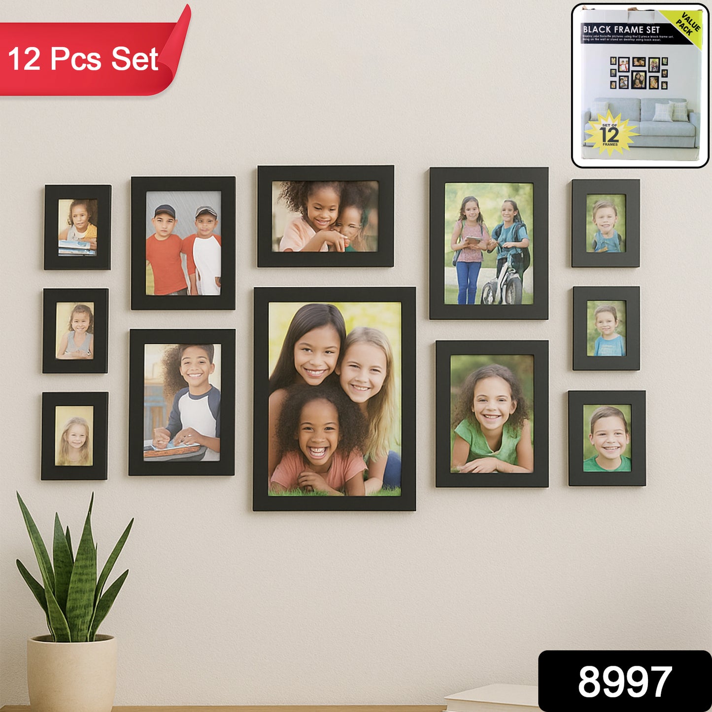 Set of 12 black Wukusy photo frames for wall hanging, perfect for gallery wall decor and home improvement displays.