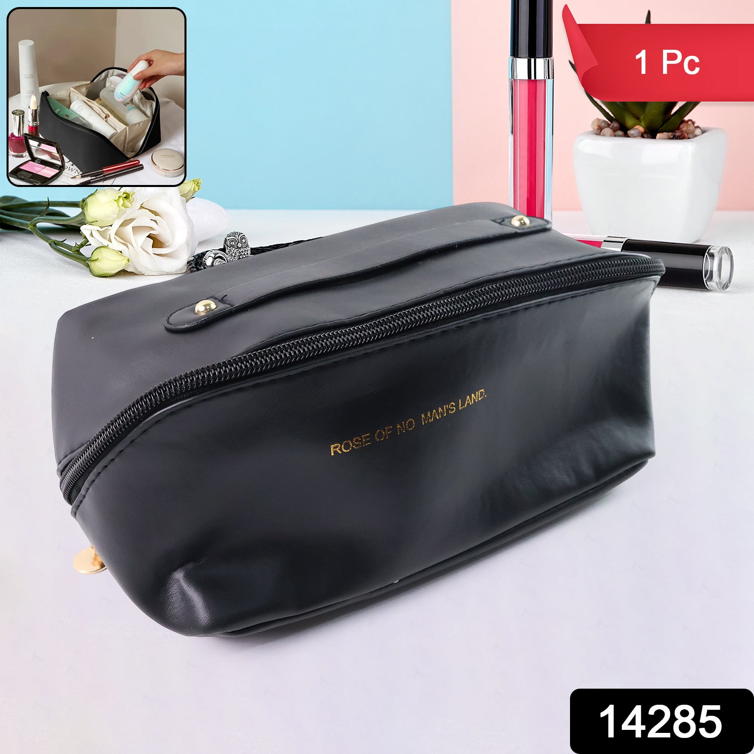 Black travel makeup and toiletry organizer pouch by Wukusy with zipper and handle for compact storage and easy transport.