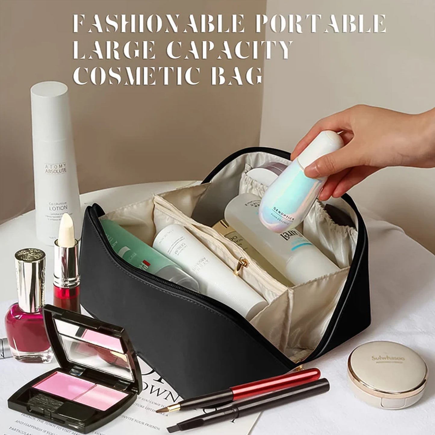 Wukusy premium black travel makeup and toiletry organizer pouch with zipper and handle, ideal for home and travel storage.