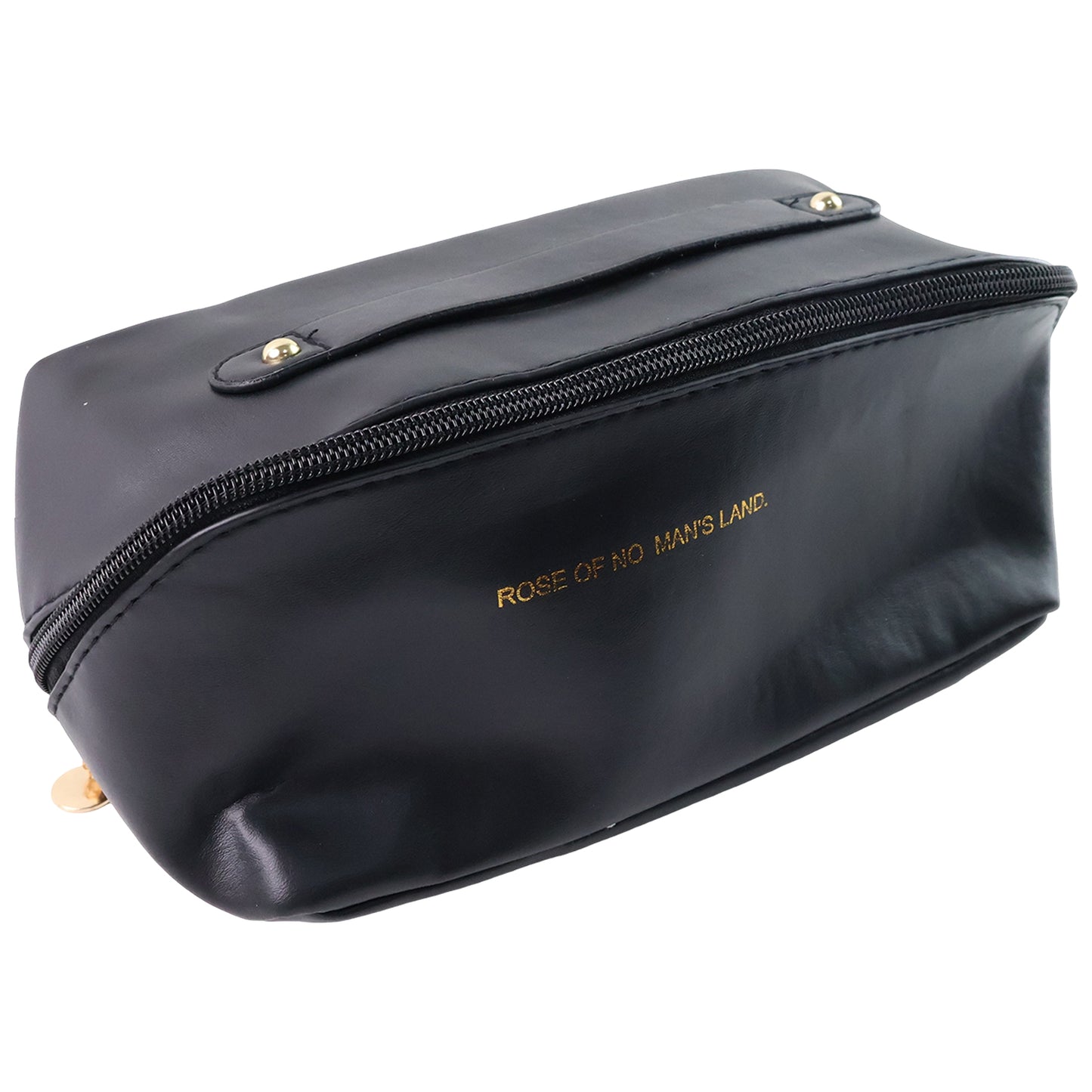 Black Wukusy travel makeup toiletry organizer pouch with zipper and handle, ideal for organizing cosmetics and toiletries on the go.