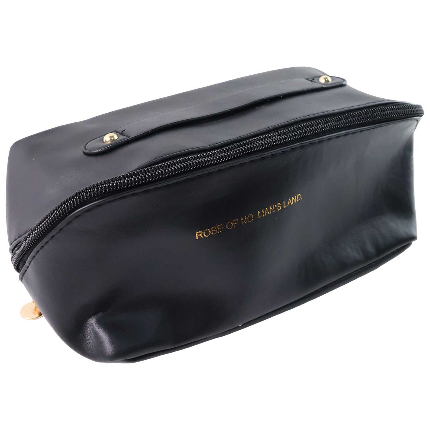 Black Wukusy travel makeup toiletry organizer pouch with zipper and handle, ideal for organizing cosmetics and toiletries on the go.