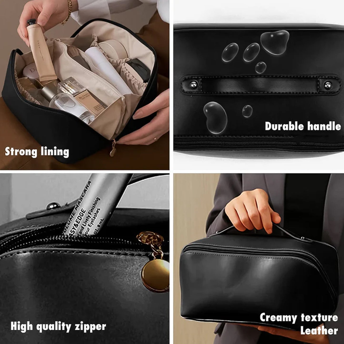 Black travel makeup and toiletry organizer pouch with zipper and handle by Wukusy, compact storage for cosmetics and toiletries.