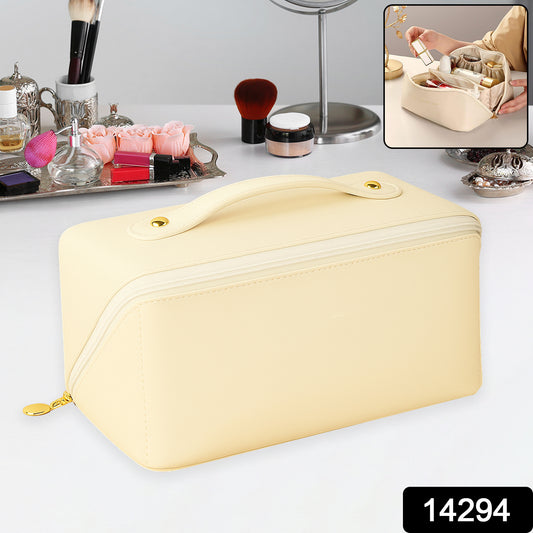 Wukusy premium cream travel makeup and toiletry organizer pouch with zipper and handle, compact and suitable for home or travel use.