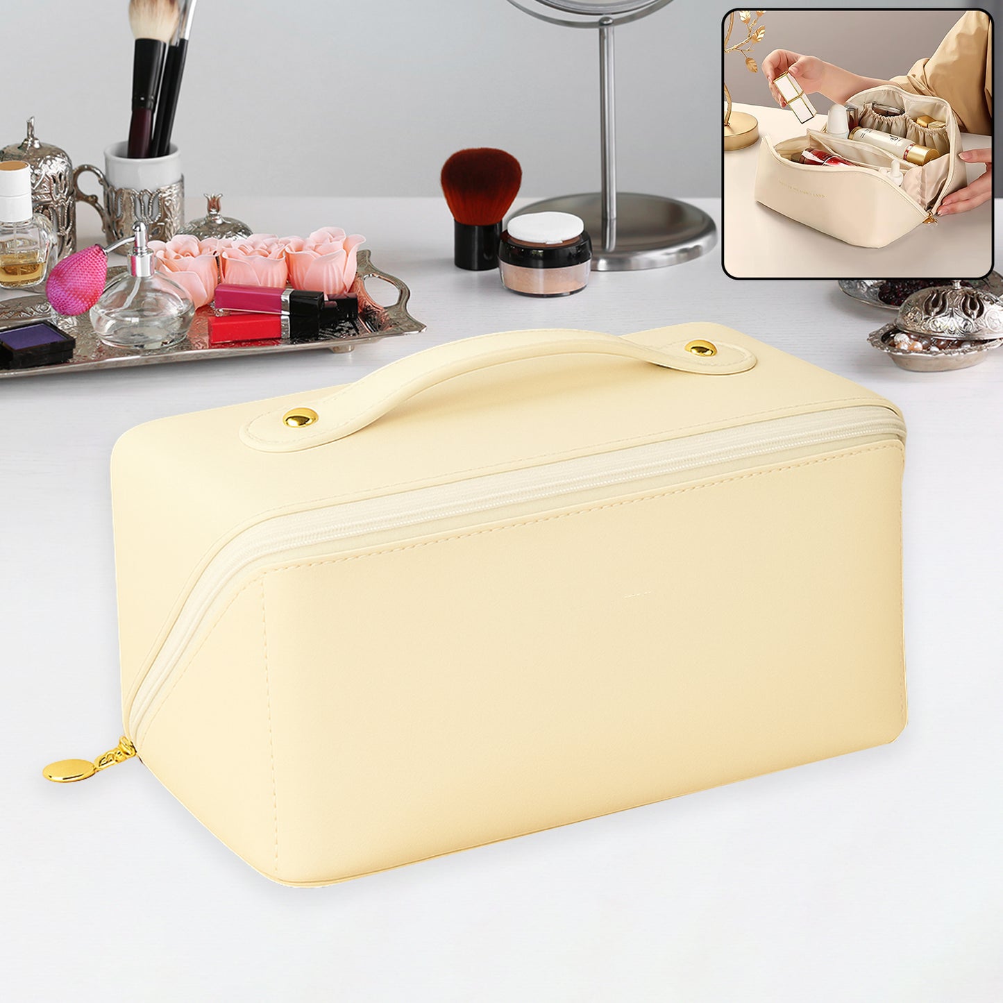 Wukusy premium cream travel makeup toiletry organizer pouch with zipper and handle for convenient storage and travel use.