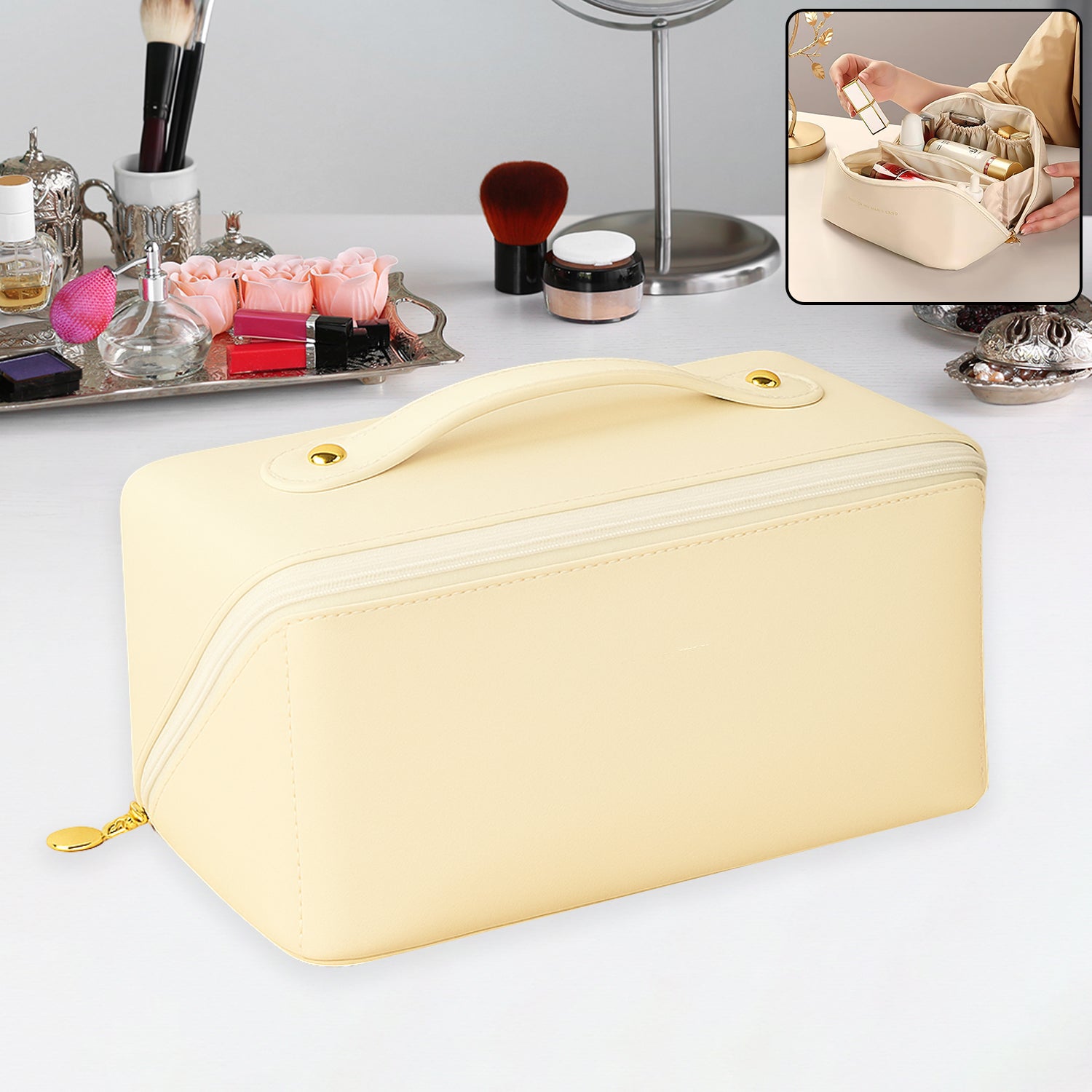 Wukusy premium cream travel makeup toiletry organizer pouch with zipper and handle for convenient storage and travel use.