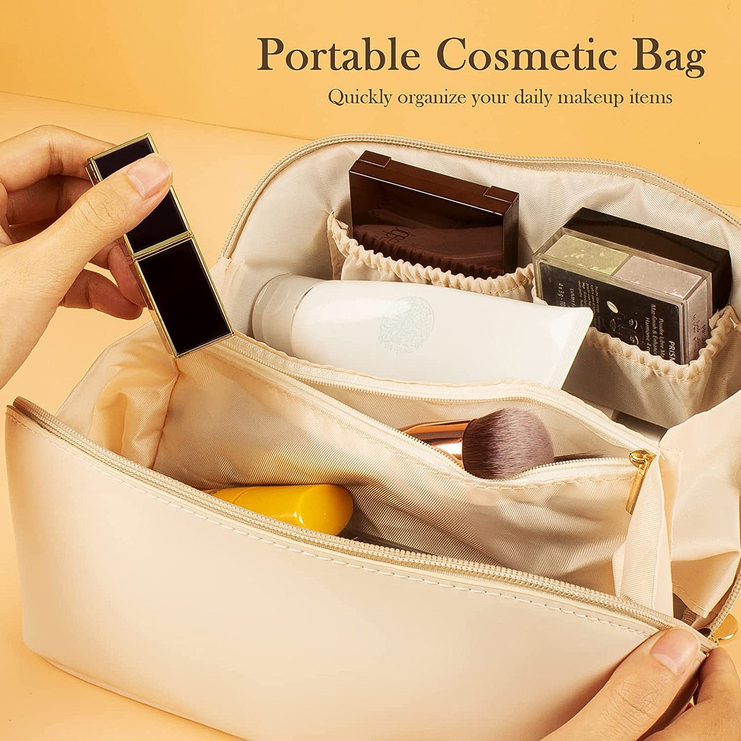 Wukusy premium cream travel makeup and toiletry organizer pouch with zipper and handle for convenient storage and travel.