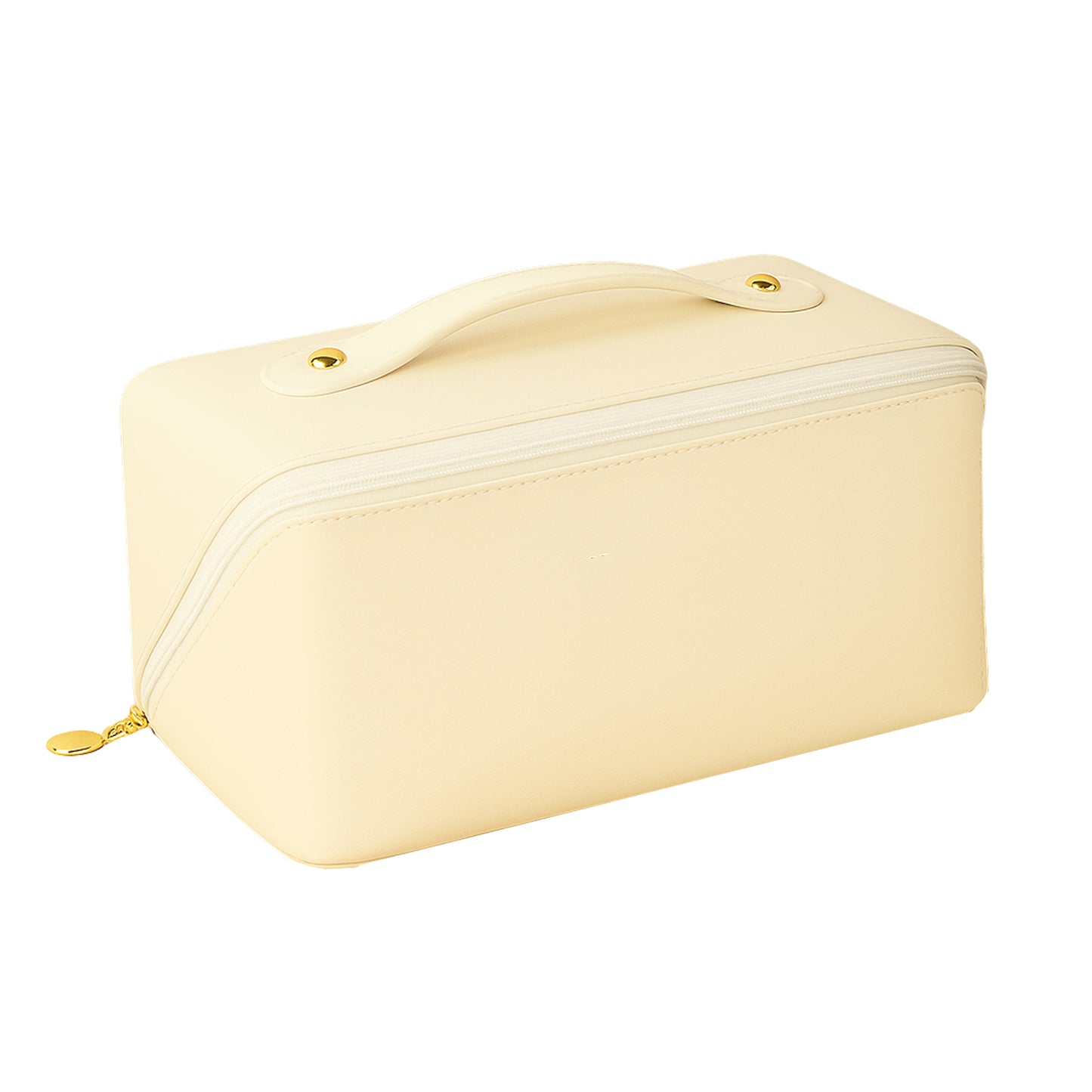 Wukusy premium cream travel makeup and toiletry organizer pouch with zipper and handle, designed for compact storage and easy carry.