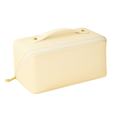 Wukusy premium cream travel makeup and toiletry organizer pouch with zipper and handle, designed for compact storage and easy carry.
