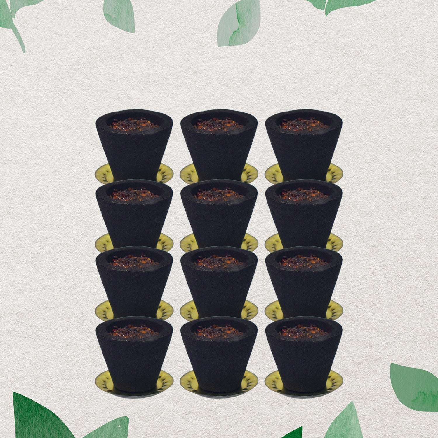 Set of 12 Wukusy Premium Gugal Sambrani Cups for Havan and home improvement, shown in a close-up of the cups ready for use.