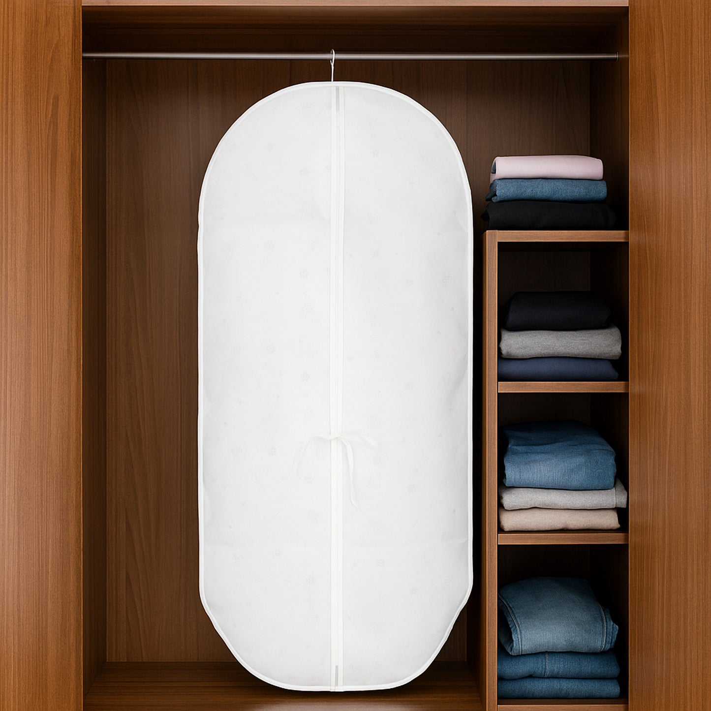 Wukusy premium non-woven garment storage cover, 70 x 140 cm, protects clothes and keeps wardrobe organized.