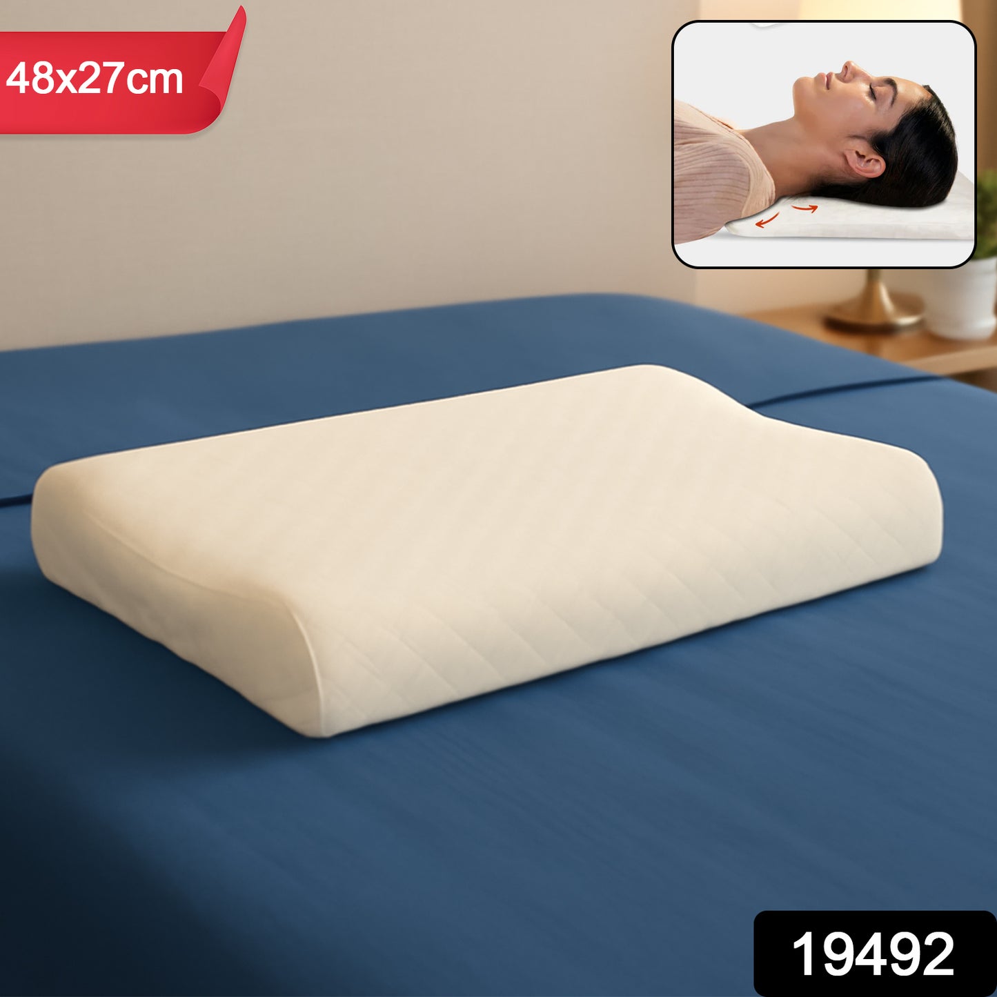 Wukusy orthopedic memory foam cervical pillow in 48x27cm size, showing the ergonomic pillow shape designed for neck support.
