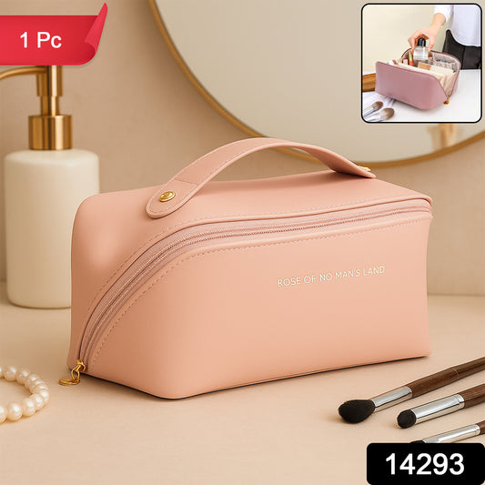 Wukusy premium peach travel makeup and toiletry organizer pouch with zipper and handle for convenient storage.