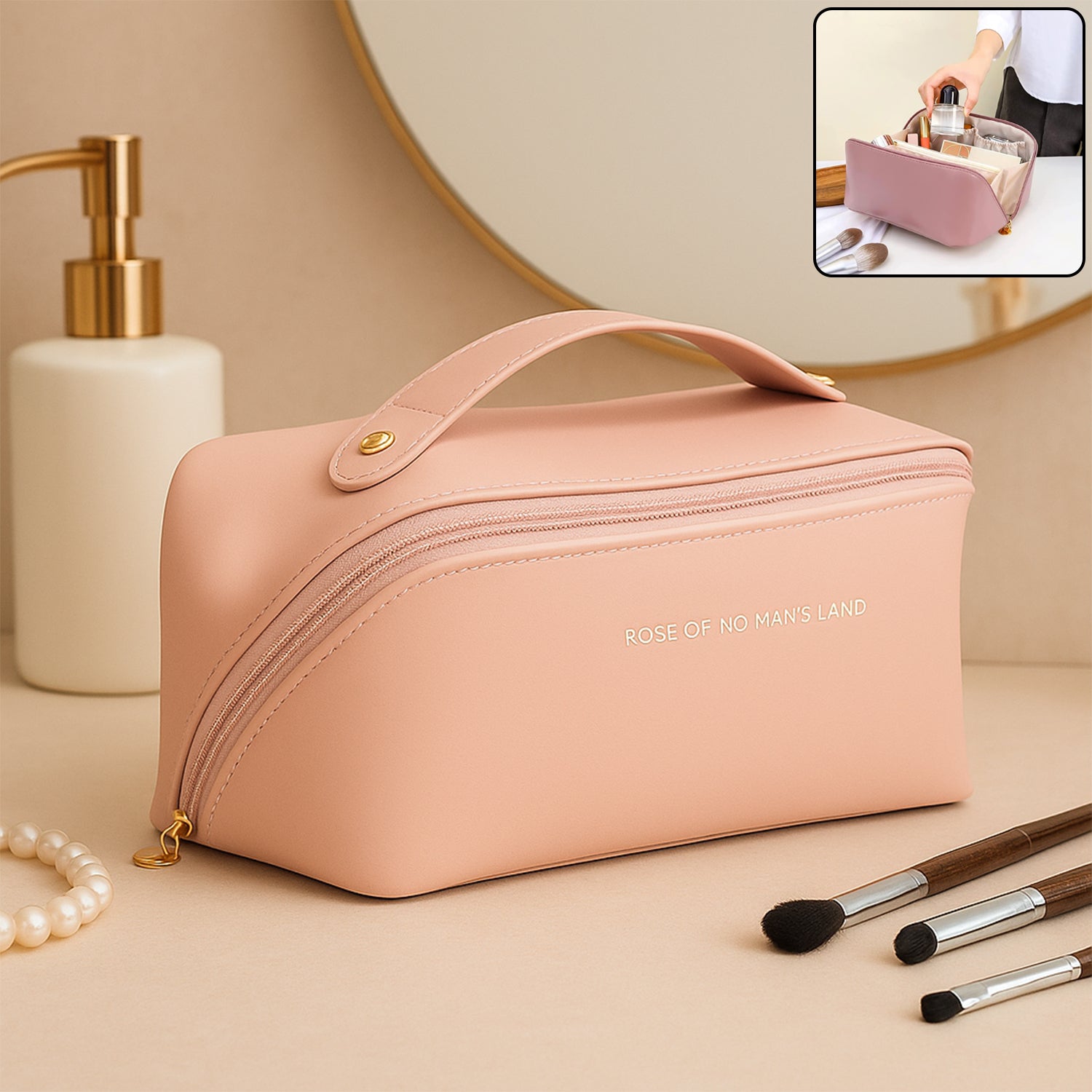 Wukusy premium peach travel makeup and toiletry organizer pouch with zipper and handle for easy carrying.
