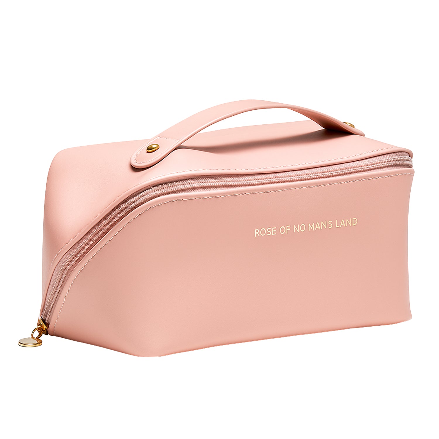 Wukusy premium peach travel makeup and toiletry organizer pouch with zipper and handle for convenient home or travel use.