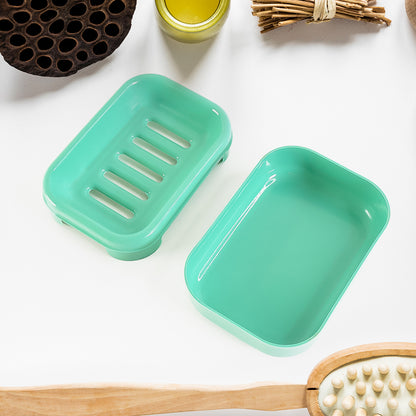 Aqua green rectangular plastic soap case from Wukusy, designed for home improvement, with a clear lid and compact storage.
