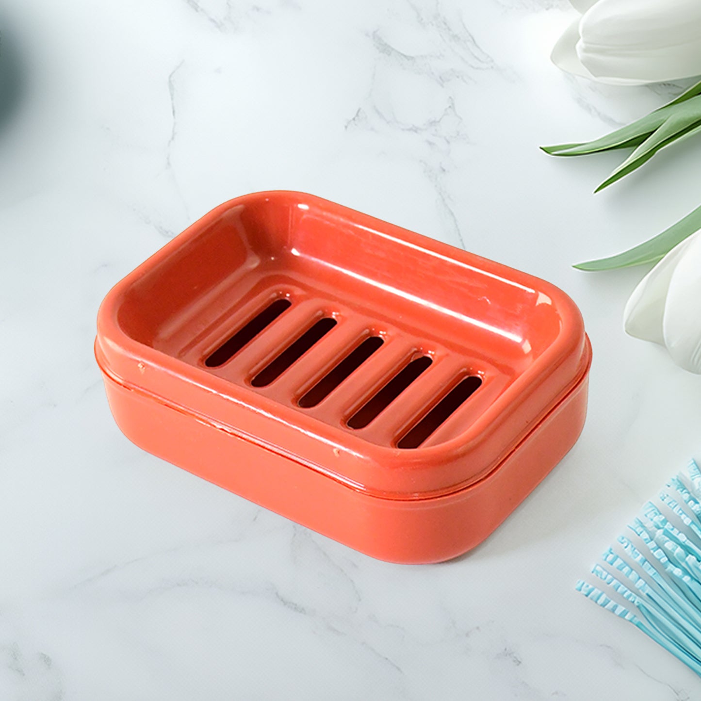 Rectangular brick red plastic soap case by Wukusy, durable and sleek for home bathroom organization.