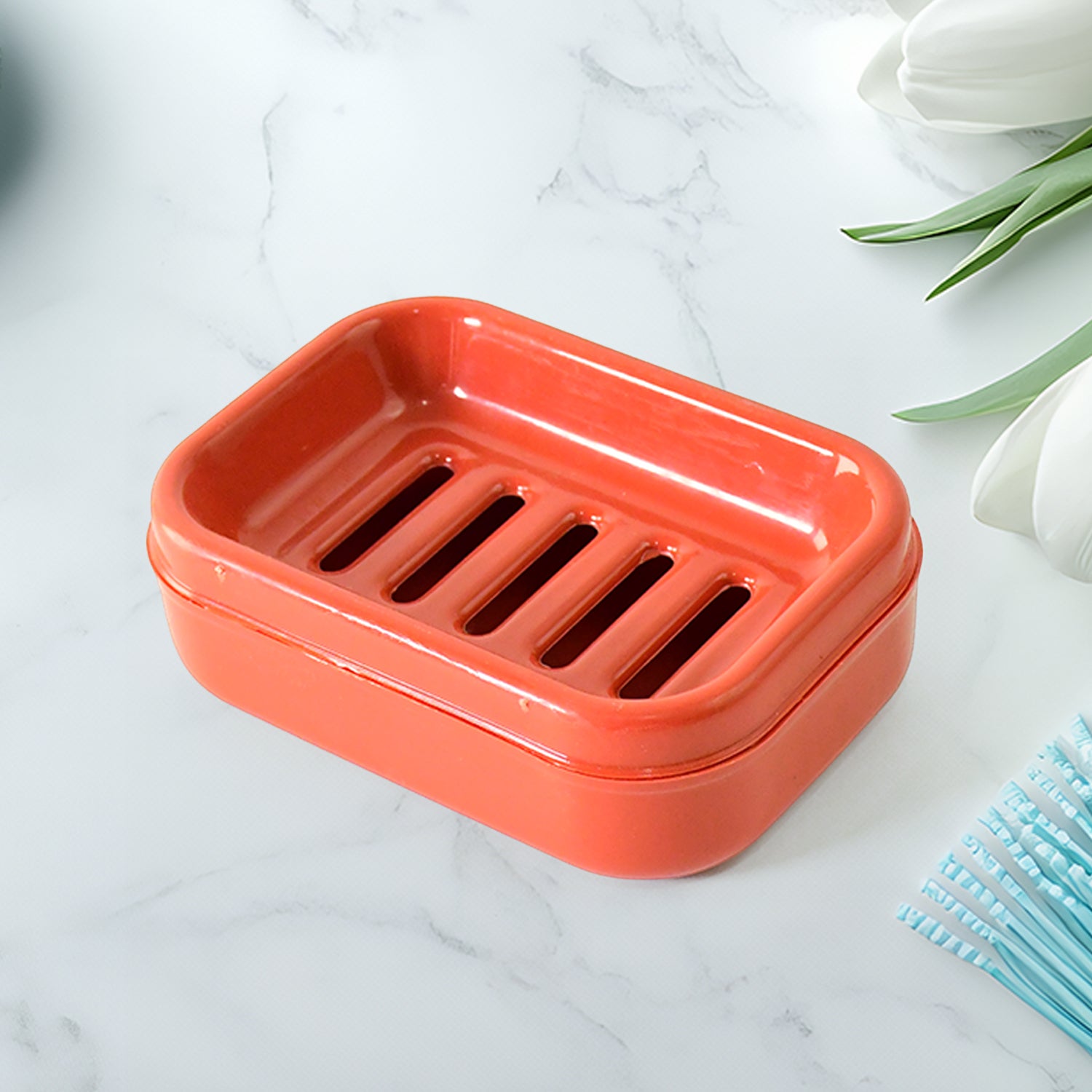 Rectangular brick red plastic soap case by Wukusy, durable and sleek for home bathroom organization.