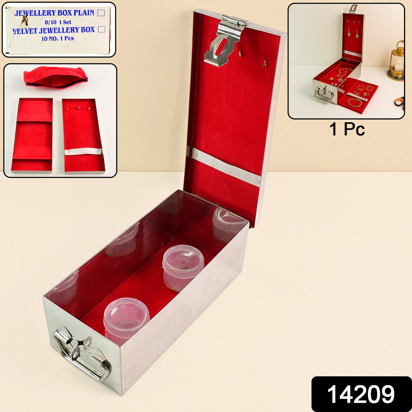 Wukusy stainless steel jewelry storage box with velvet lining, lock, and red interior for secure home organization.