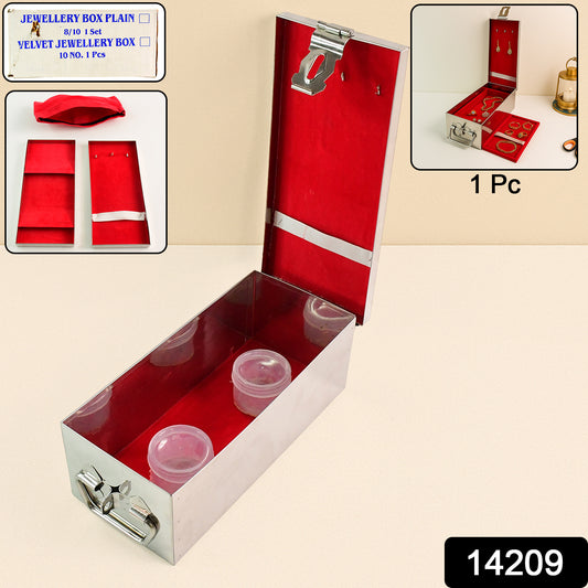 Wukusy stainless steel jewelry storage box with velvet lining, lock, and red interior for secure home organization.
