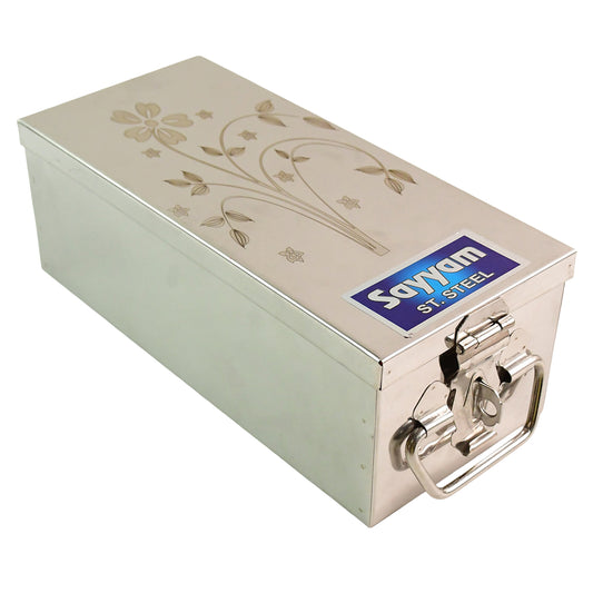 Wukusy premium stainless steel jewellery storage box with velvet lining, lock, and red interior for elegant organization.