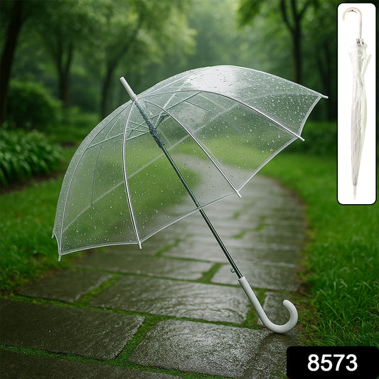 Wukusy transparent dome umbrella with curved handle, ideal for home improvement, shown open with clear canopy and sturdy construction.