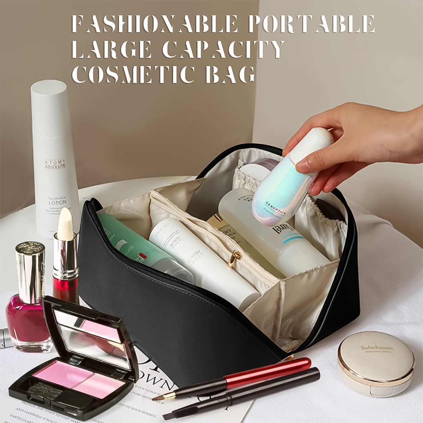 Wukusy premium travel makeup and toiletry organizer pouch with zipper and handle for convenient storage and travel.