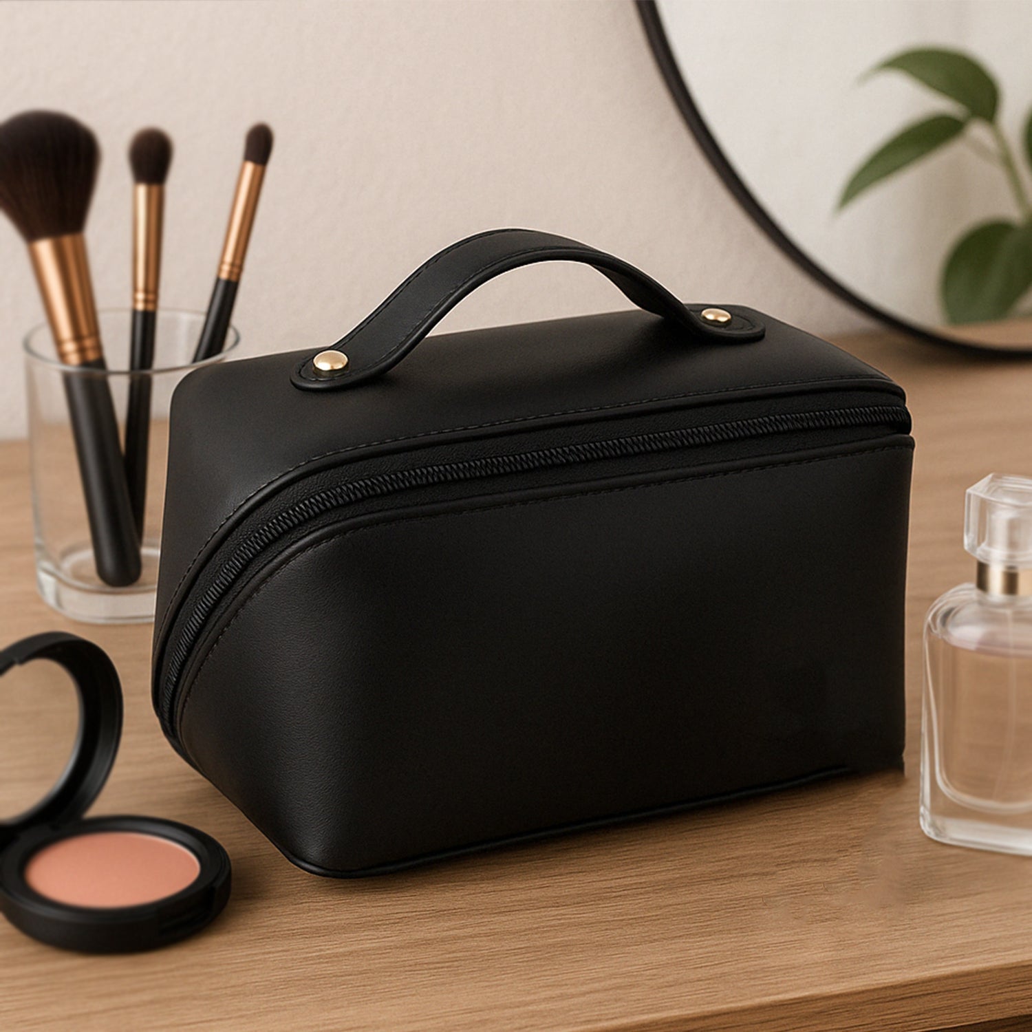 Wukusy premium travel makeup toiletry organizer pouch with zipper and handle for convenient home and travel storage.