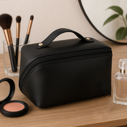 Wukusy premium travel makeup toiletry organizer pouch with zipper and handle for convenient home and travel storage.