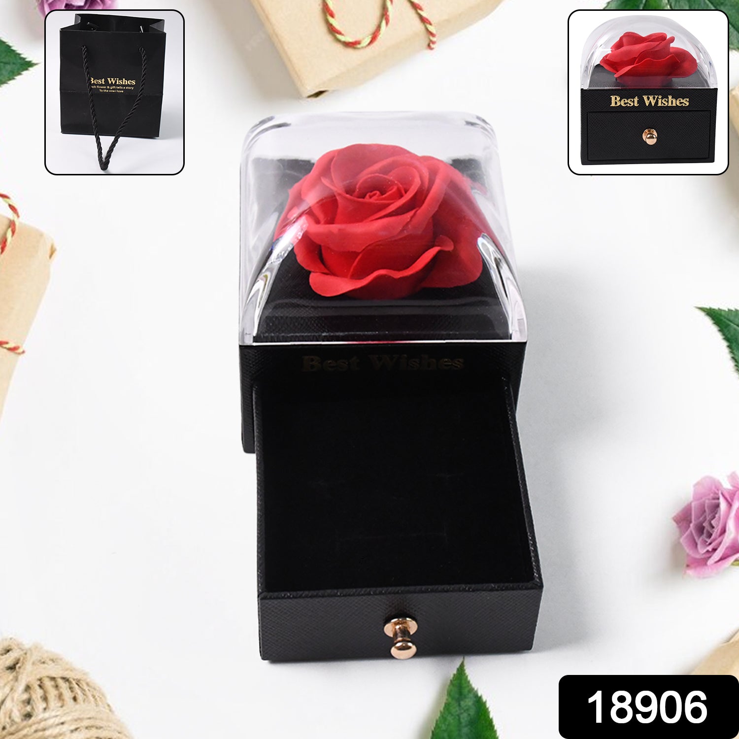 Wukusy preserved eternal rose flower gift box in a drawer, showcasing a delicate, long-lasting floral arrangement for home decor.