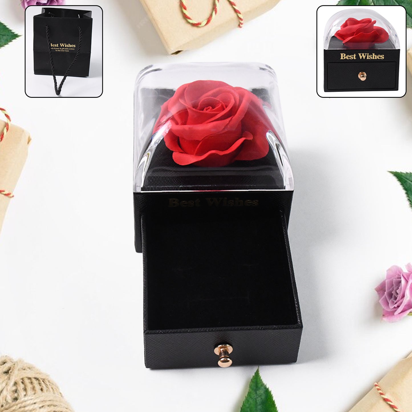 Wukusy preserved eternal rose flower gift box in a drawer, perfect for home decor or special gift presentation.