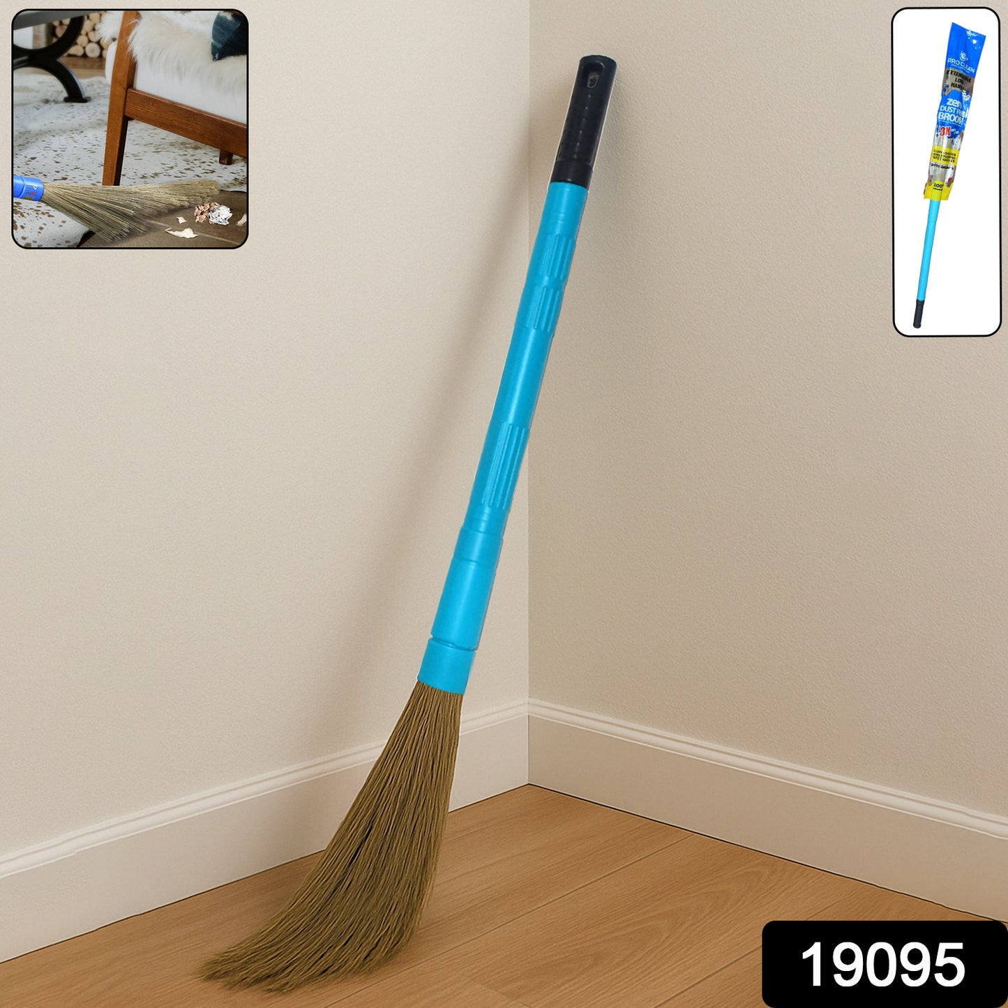 Wukusy Pro Clean expandable floor broom with plastic handle for home cleaning and sweeping tasks.