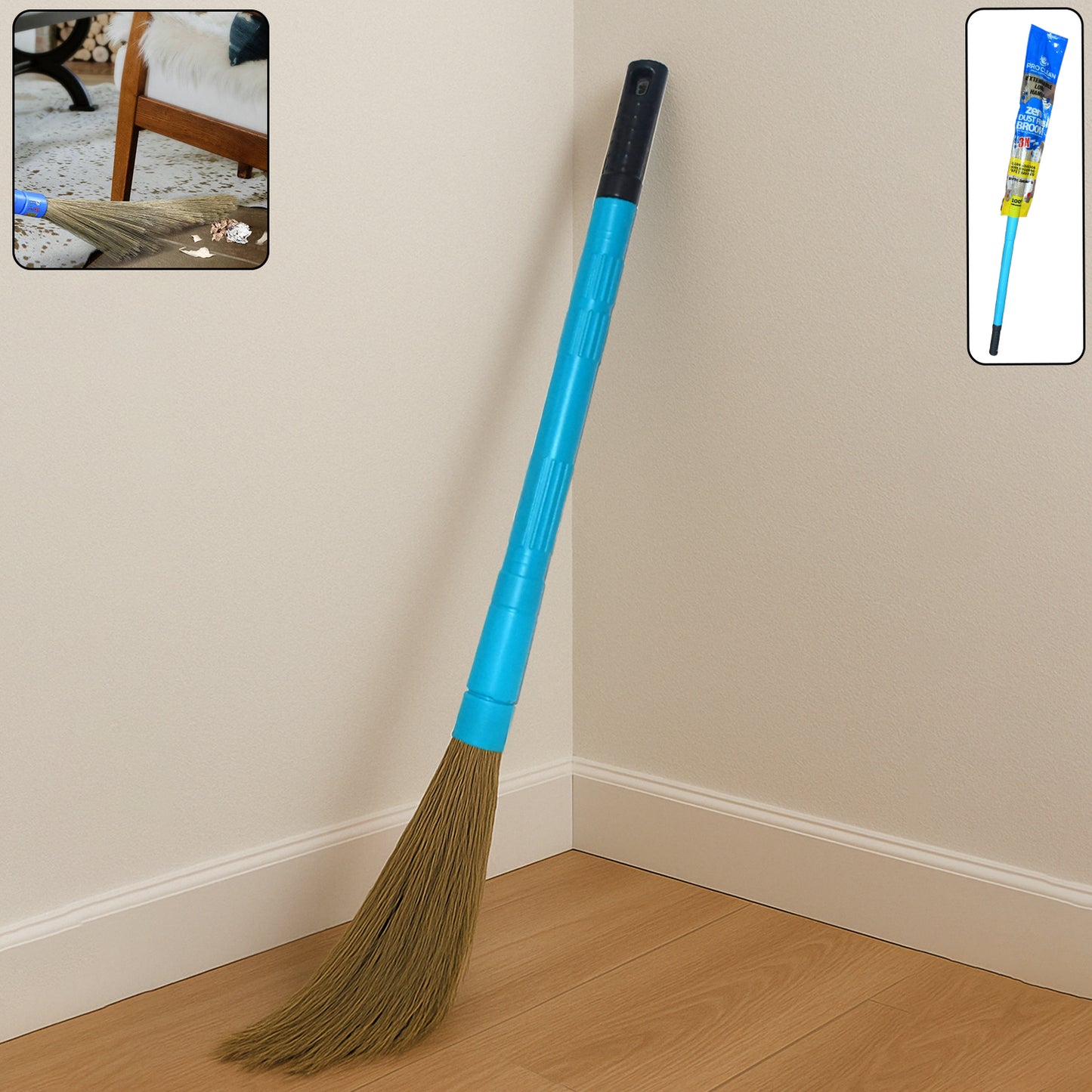 Wukusy Pro Clean expandable floor broom with plastic handle for easy sweeping and home cleaning.