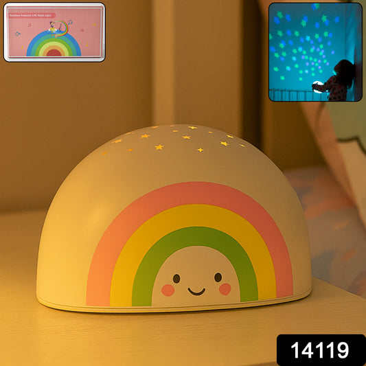 Wukusy rainbow projector LED night light for kids, illuminating colorful rainbow patterns in a child's room.