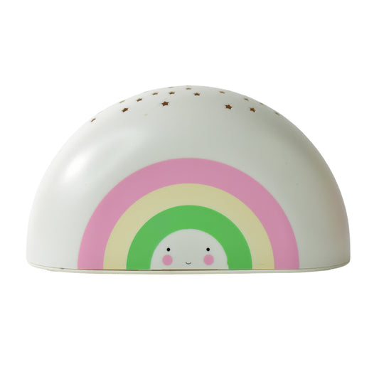 Wukusy rainbow projector LED night light for kids, illuminating colorful rainbow patterns on a child's bedroom wall.