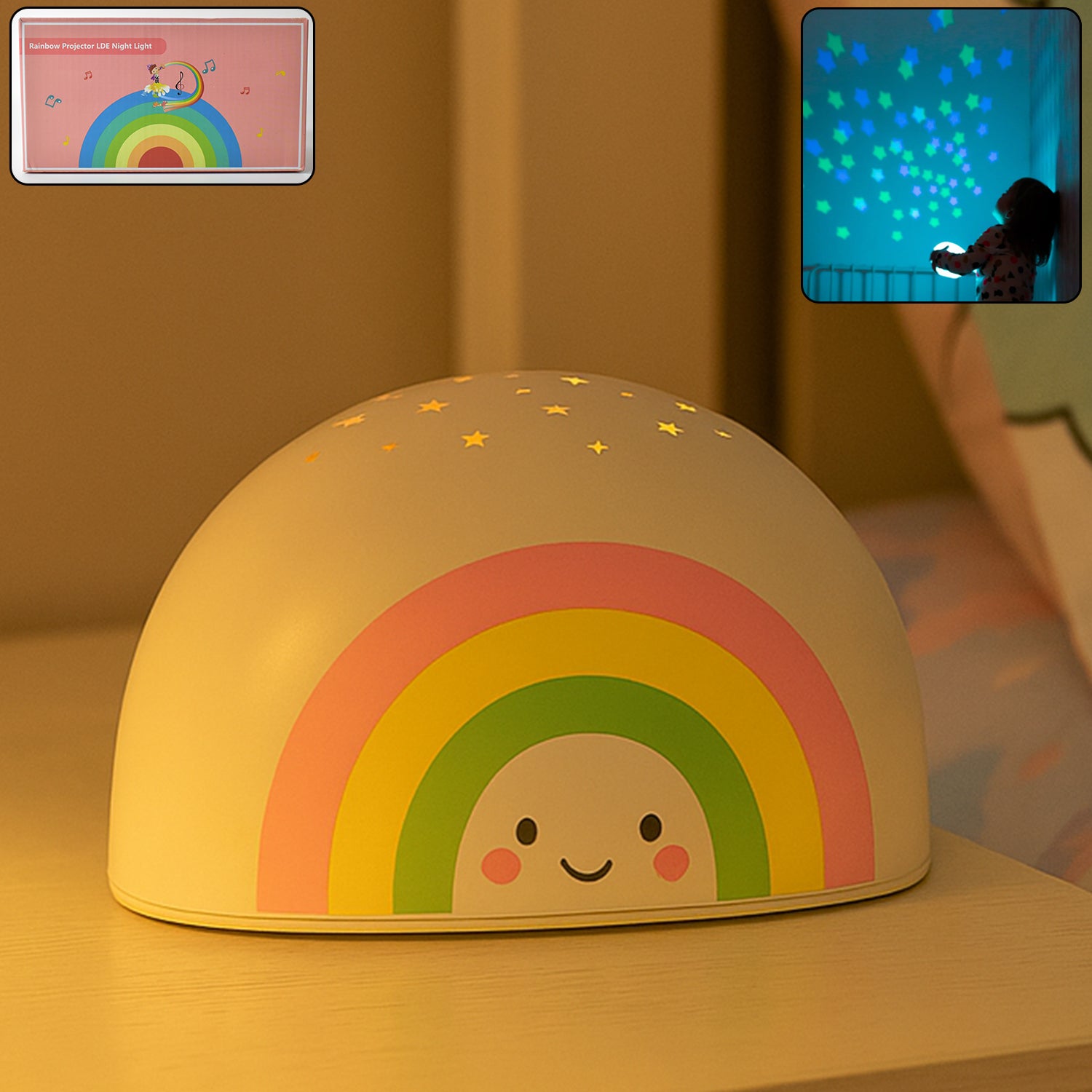 Wukusy rainbow projector LED night light for kids, showing colorful rainbow projection on a wall in a child's room