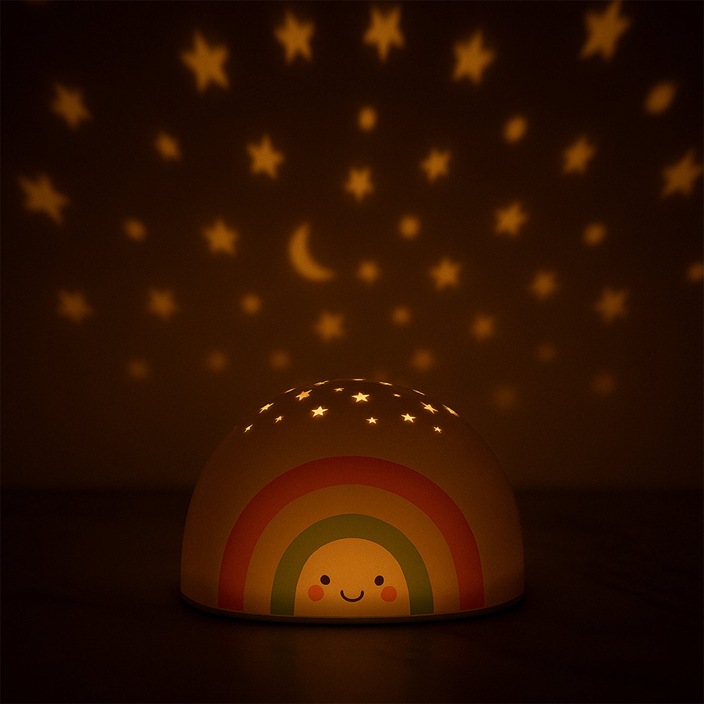 Wukusy rainbow projector LED night light for kids, illuminating colorful rainbow patterns in a cozy bedroom setting.