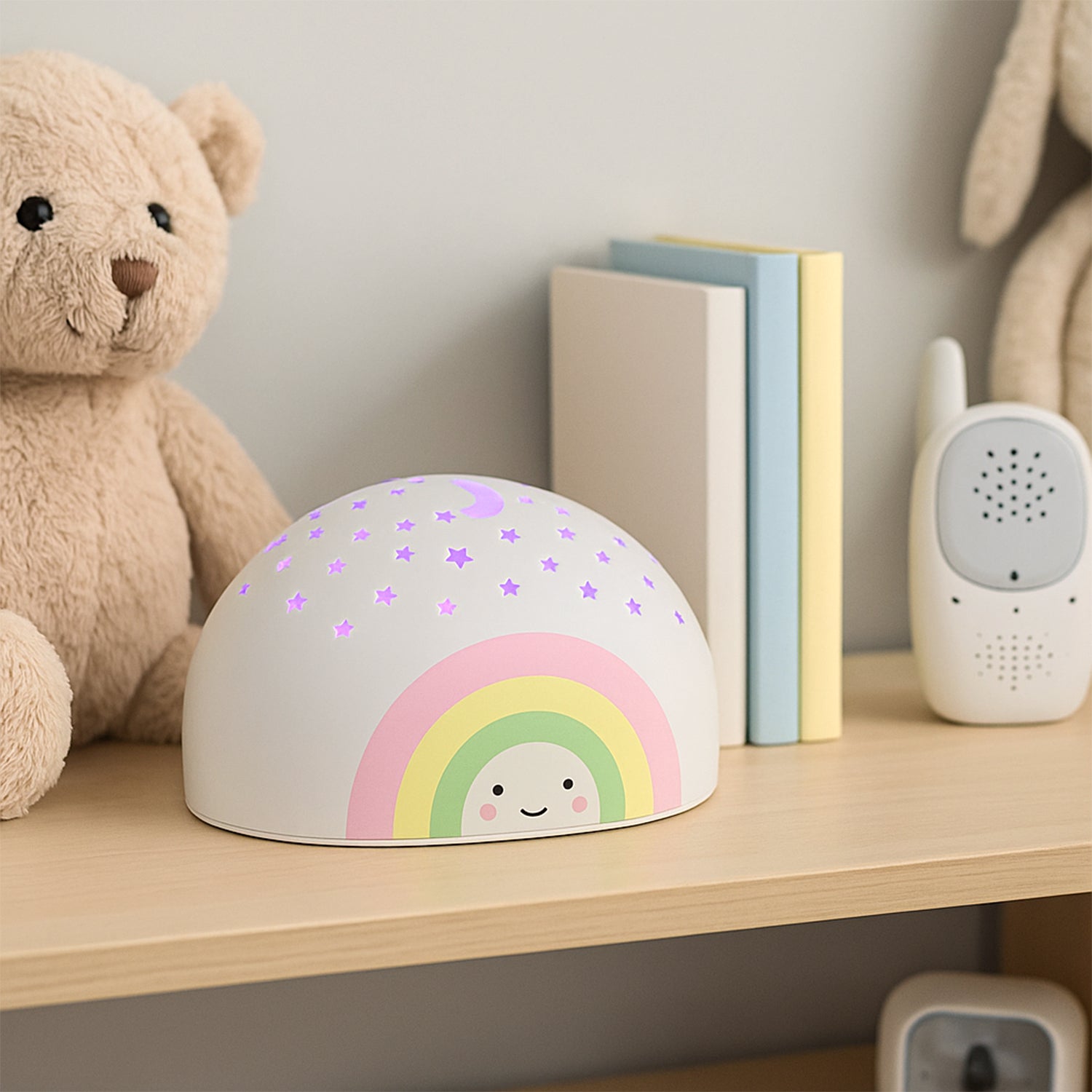 Wukusy rainbow projector LED night light for kids, illuminating colorful rainbow patterns on a child's bedroom wall.